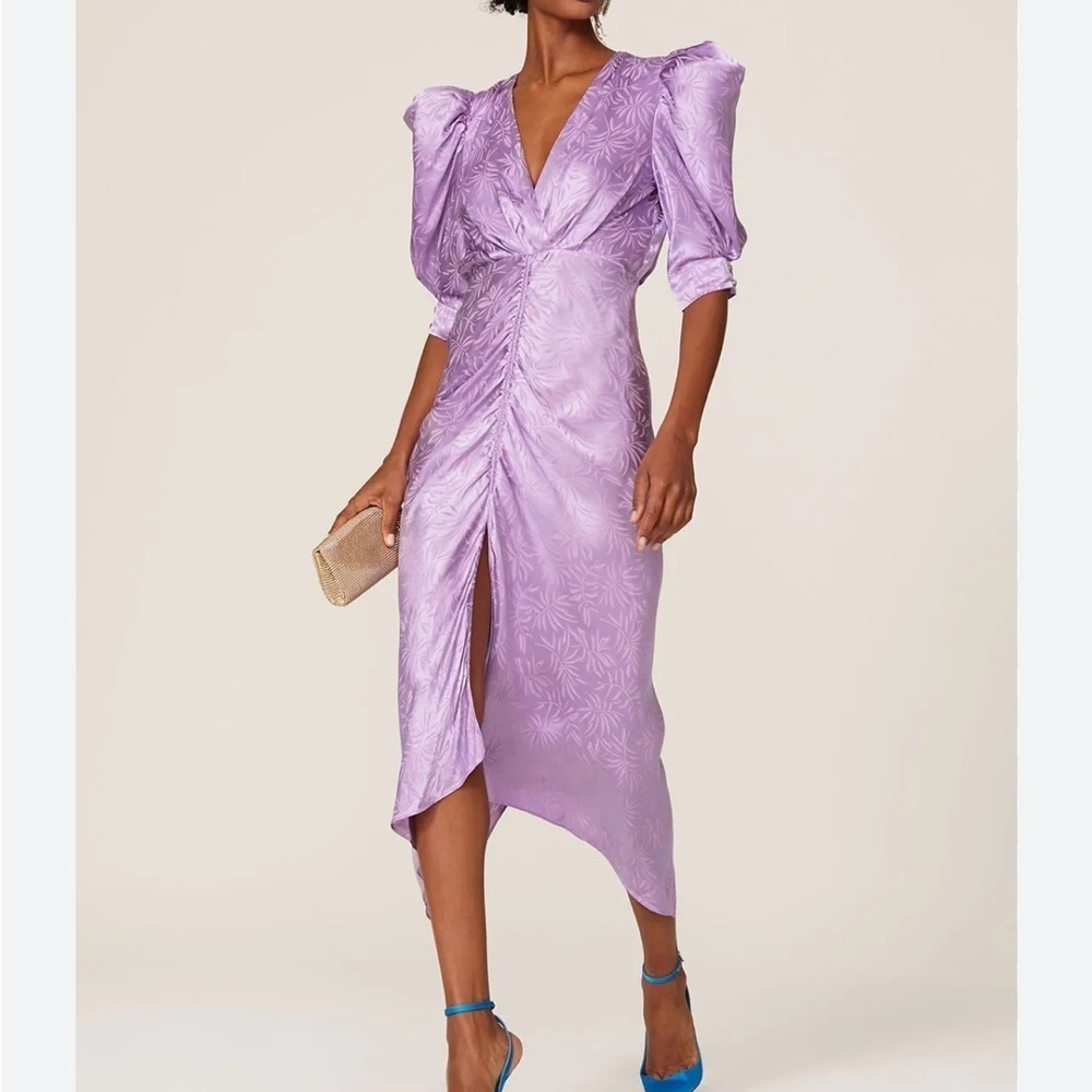 Ronny Kobo Ariana Satin Ruched Puff Sleeve Midi Dress